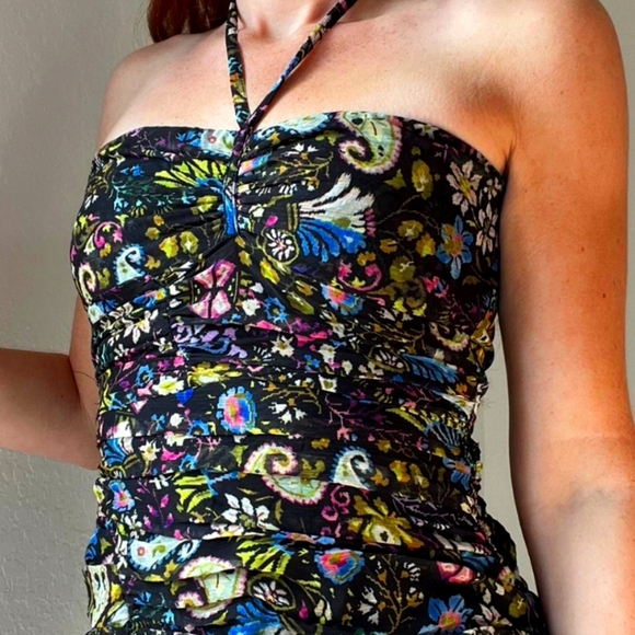 ZARA black paisley ruched body con halter mini dress - Picture 2 of 11